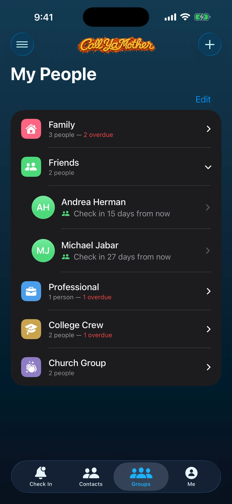 The My People screen: contacts sorted into Family, Friends, Professional, College Crew and Church Group, with the Friends group opened to show two people.