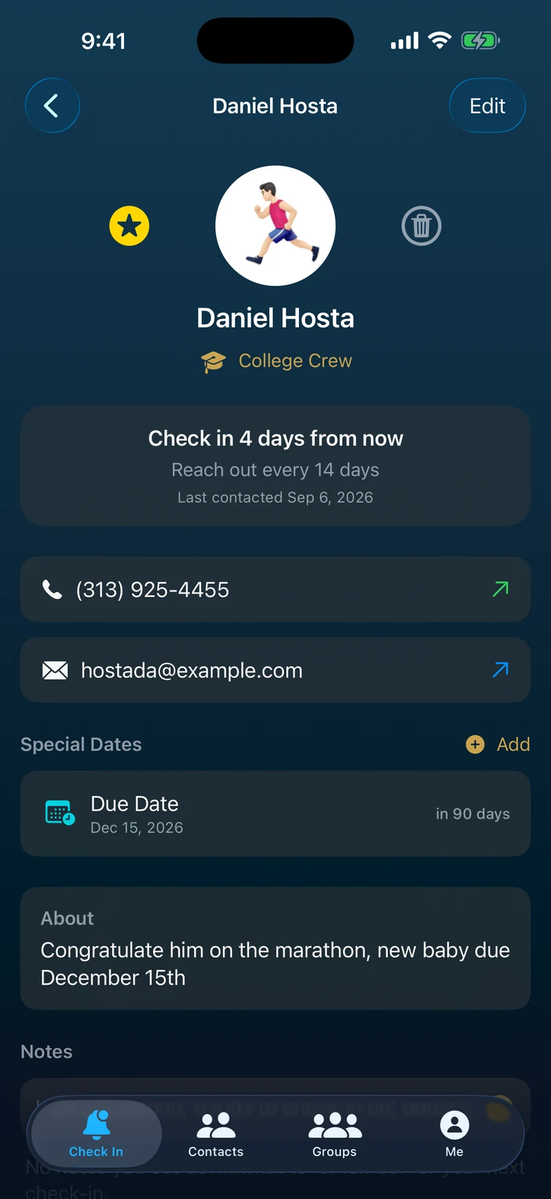 Daniel Hosta's screen, showing "Check in 4 days from now", "Reach out every 14 days", when he was last contacted, his phone and email, a special date and a note about him.
